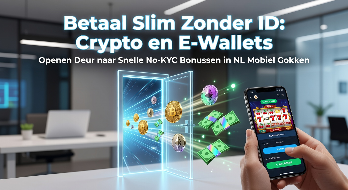 Smartphone met crypto wallet en e-wallet icons naast een mobiel casino app, symboliserend snelle no-KYC betalingen en bonussen in Nederland