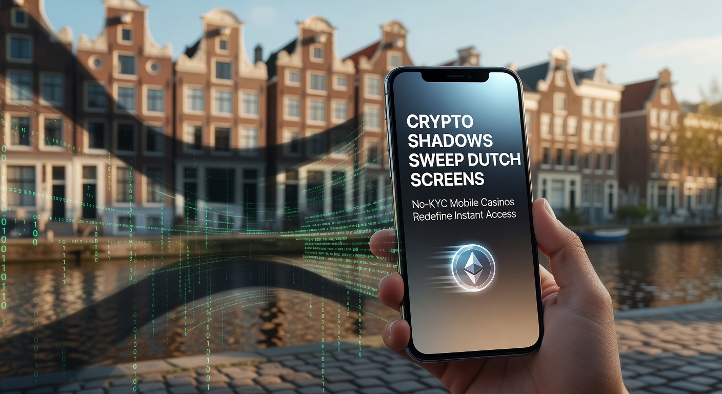 Smartphone met crypto-schaduwen en no-KYC casino-apps op Nederlands scherm, symboliserend snelle anonieme toegang