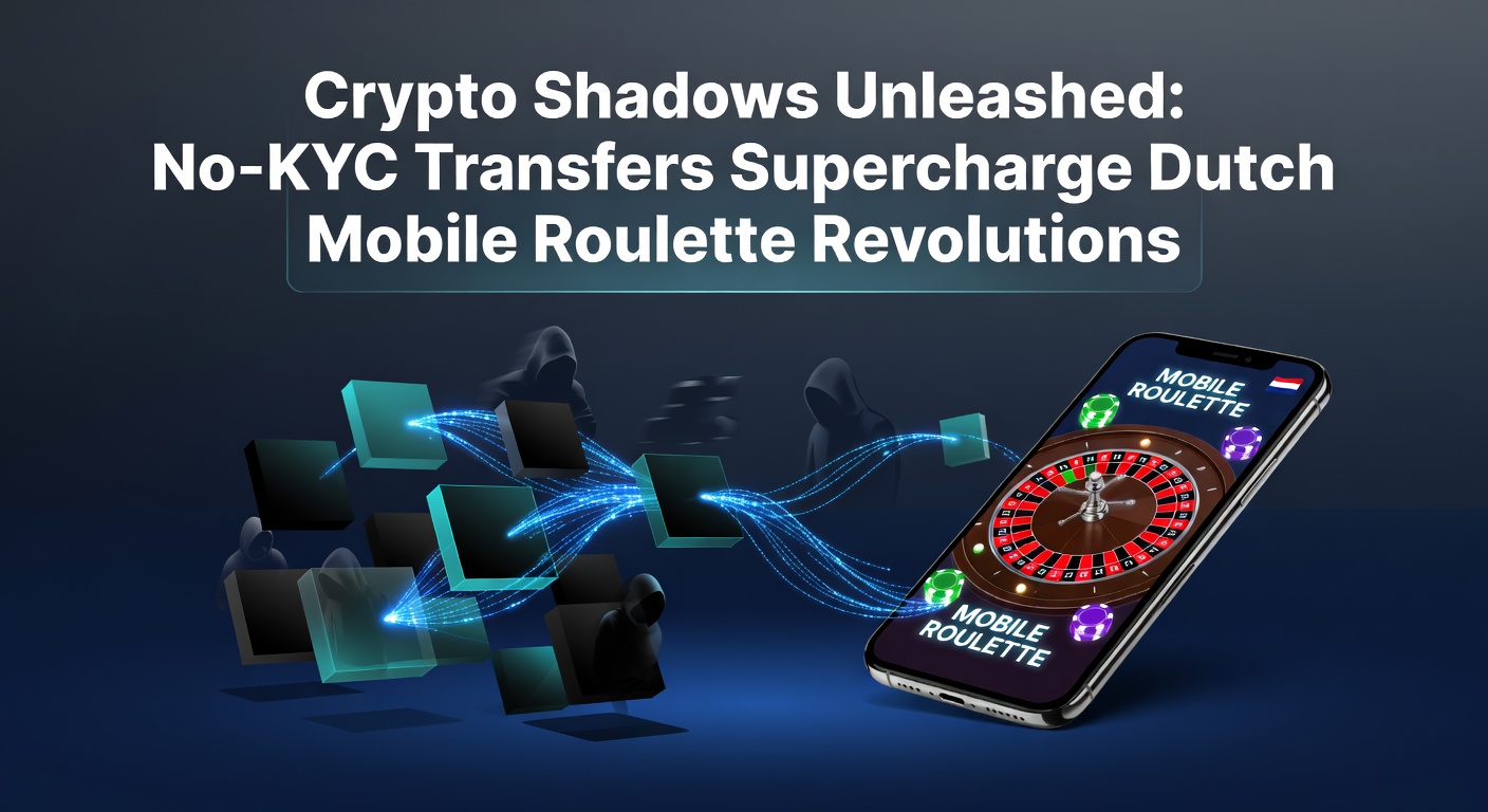 Afbeelding van een mobiele telefoon met roulettetafel en crypto-symbolen op een donkere achtergrond, symboliserend anonieme transfers in online gokken