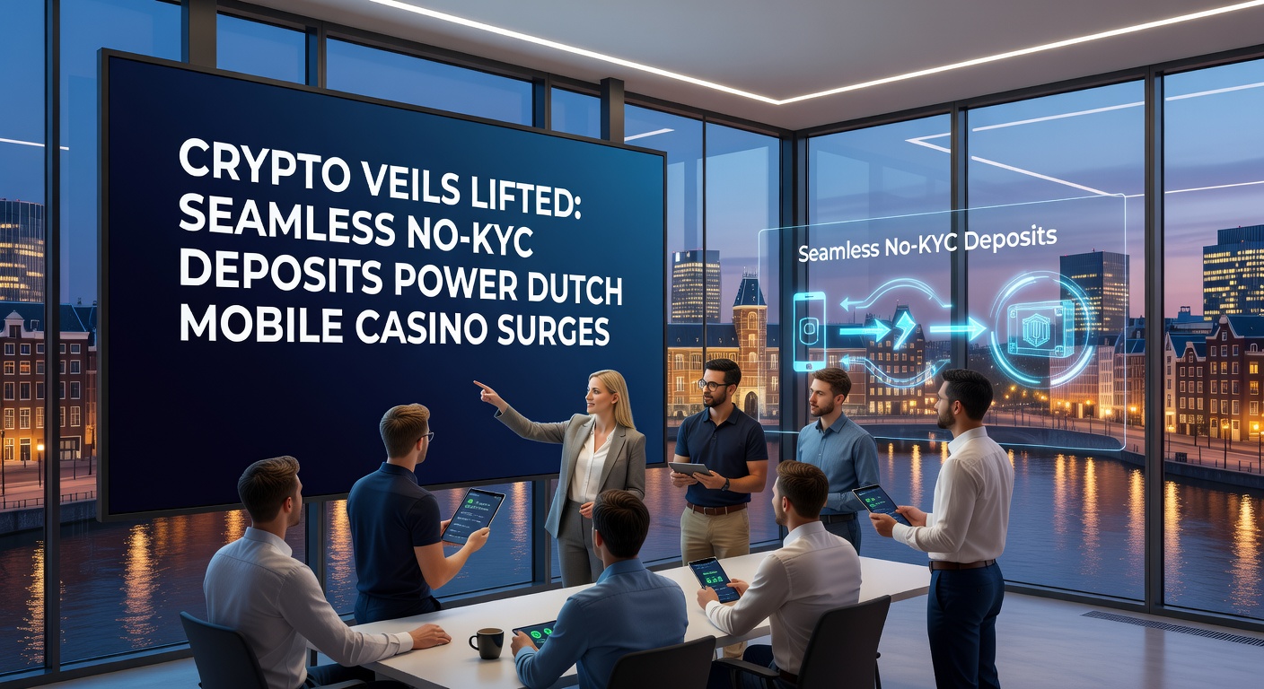 Mobiele telefoon met crypto wallet open naast een casino app, symboliserend snelle no-KYC deposits in Nederland