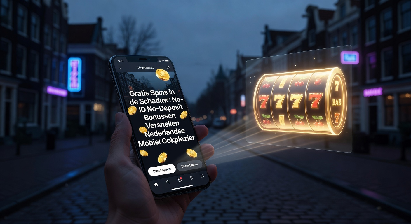 Mobiele telefoon met draaiende gokkast en schaduwachtige gratis spins-symbolen, illustrerend anoniem gokplezier zonder ID of storting