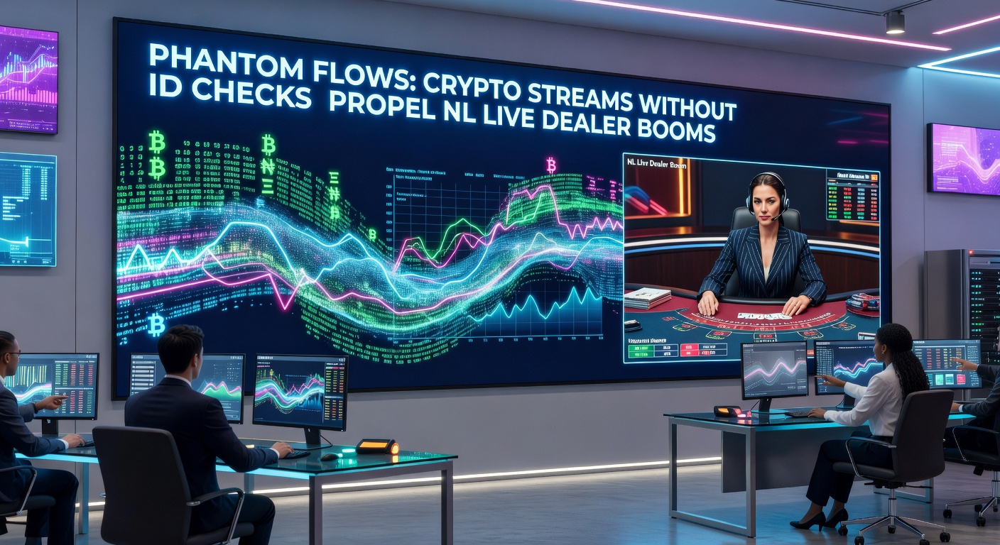 Schermafbeelding van een live dealer blackjack-tafel met crypto-stortingsopties zichtbaar, omringd door blockchain-icoontjes en Nederlandse vlag, illustrerend naadloze integratie