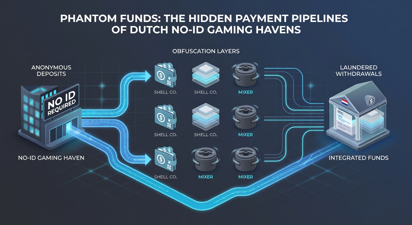 Schematische illustratie van een fantoomfonds-pipeline, met inkomende crypto-stromen die zich splitsen in anonimiseringskanalen en uitgaan naar spelerswallets