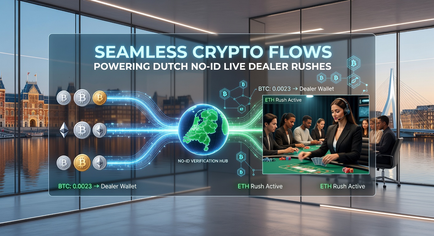 Live dealer aan roulette tafel met crypto wallet interface op een mobiel scherm, achtergrond met Nederlandse vlag en blockchain ketens