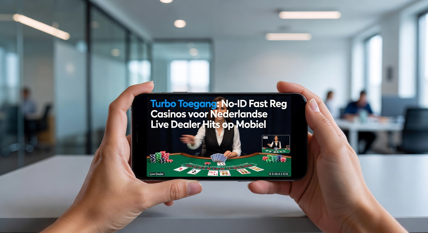 Mobiele interface van een no-ID casino met live dealer blackjack sessie, zichtbaar op een smartphone-scherm met snelle registratieknoppen en crypto-betaalopties