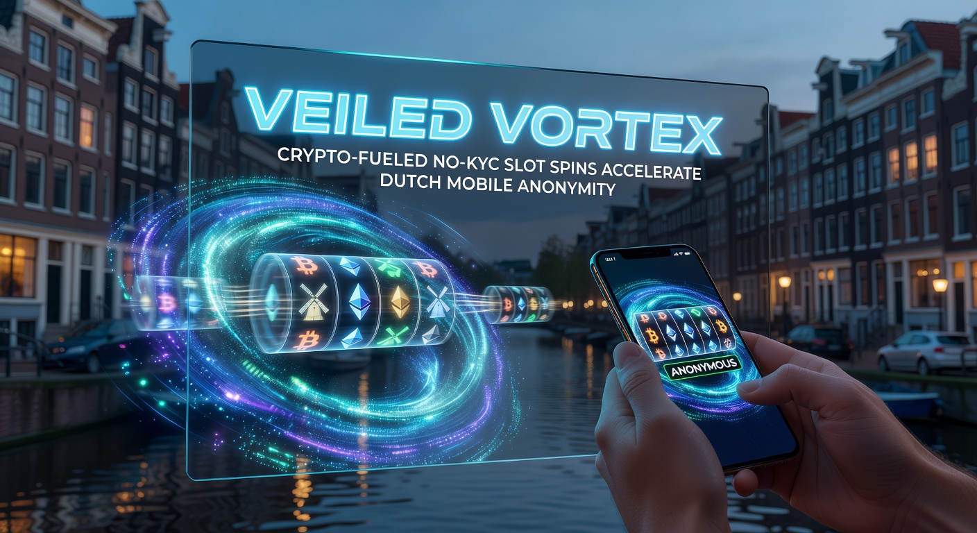 Dynamische illustratie van een smartphone met een slotmachine-scherm, crypto-munten die vallen en een vortex-effect voor anonimiteit in de Nederlandse gokwereld