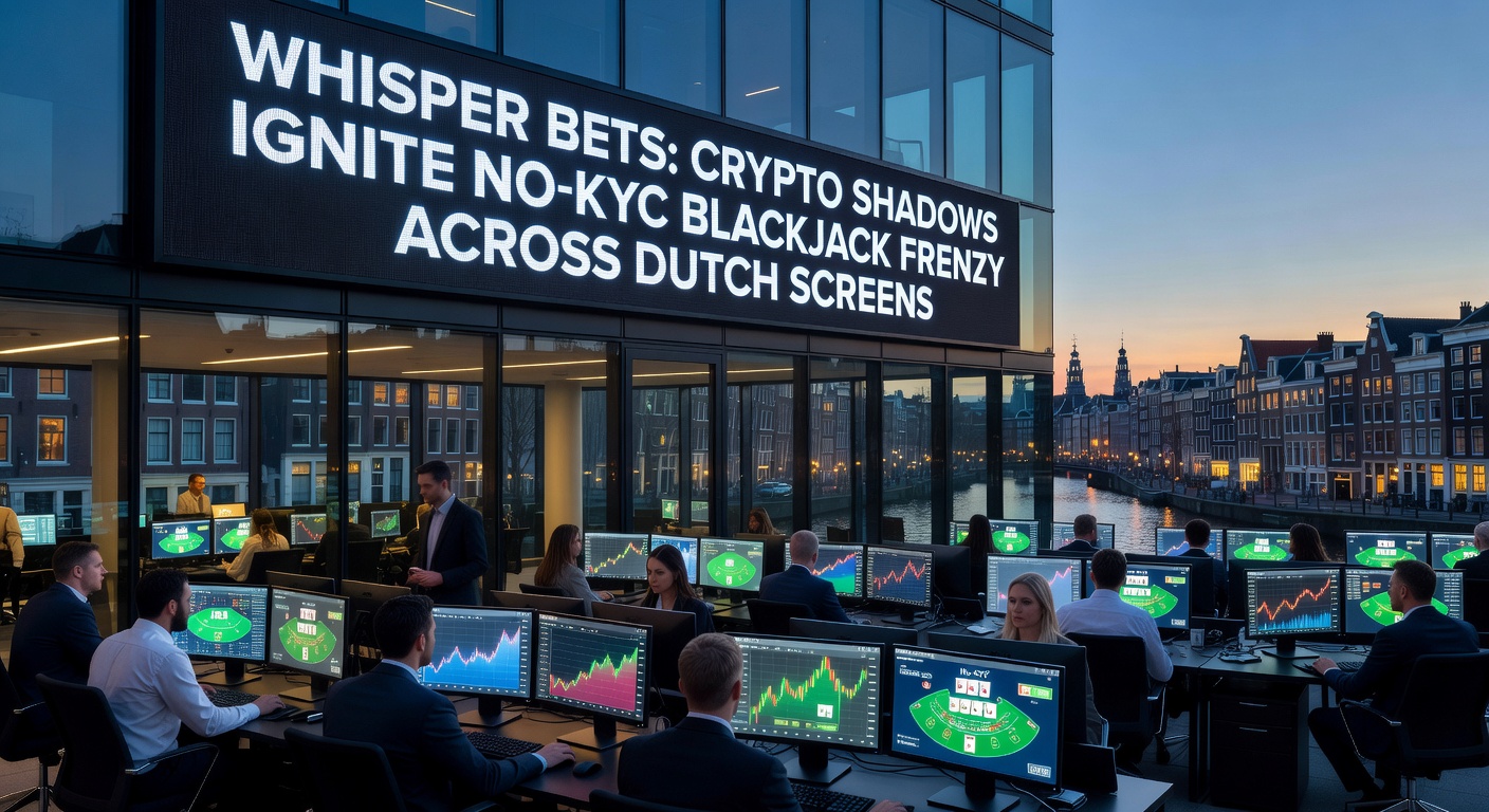 Dynamische weergave van een live no-KYC blackjack-spel met crypto-stortingen en Nederlandse vlag op de achtergrond, illustrerend de frenzy op mobiele apparaten